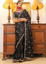 Viscose Sattin Black Party Wear Embroidery Work Saree